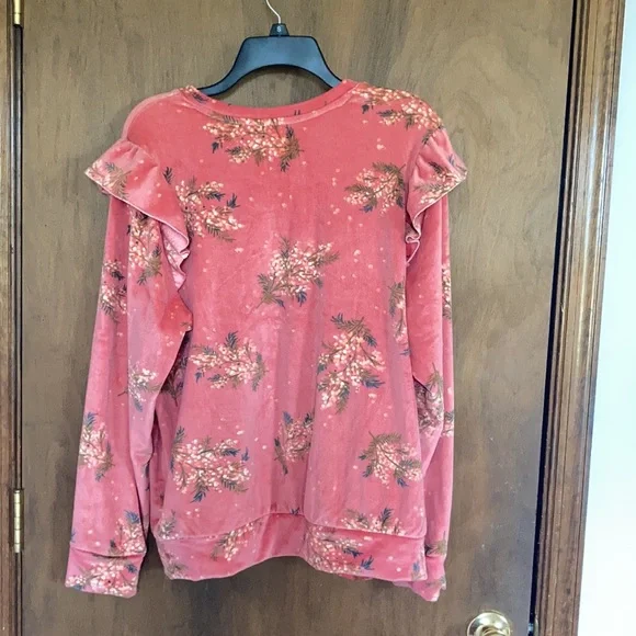 LC Lauren Conrad top floral print velvet w ruffle puff sleeve sweatshirt S M - Picture 11 of 15